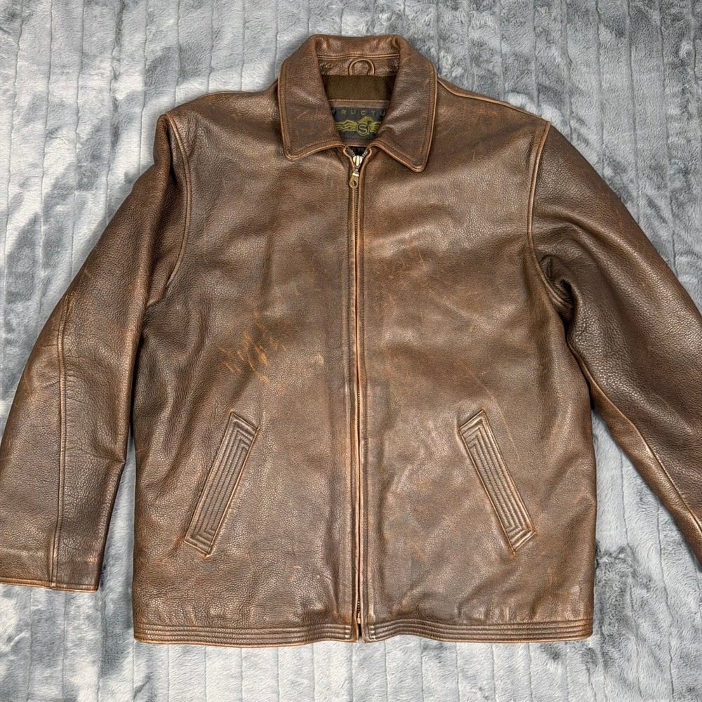Structure Vintage Brown Leather Bomber Jacket Mens Large Full Zip Grained 90s